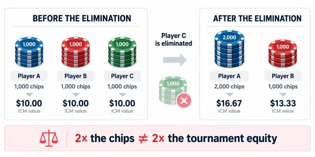 Three players with equal chip stacks before an elimination and different chip values afterward