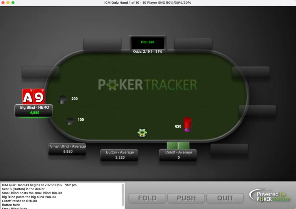 PokerTracker 4 ICM Quiz showing an A9 hand in the big blind with different player stacks