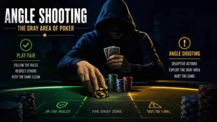 Infographic illustrating angle shooting in poker as the gray area of the game, contrasting fair play principles with deceptive tactics at the poker table.