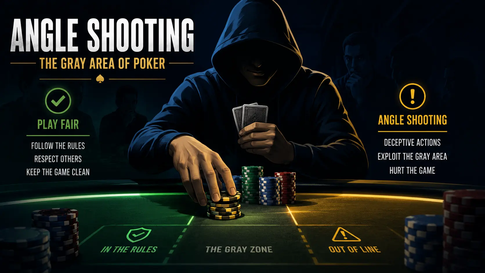Infographic illustrating angle shooting in poker as the gray area of the game, contrasting fair play principles with deceptive tactics at the poker table.