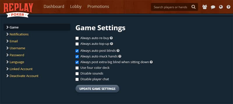 replaypoker settings