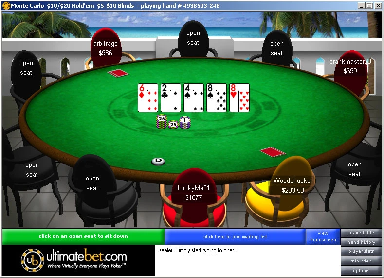 Screenshot of an old UltimateBet.com online poker table interface.