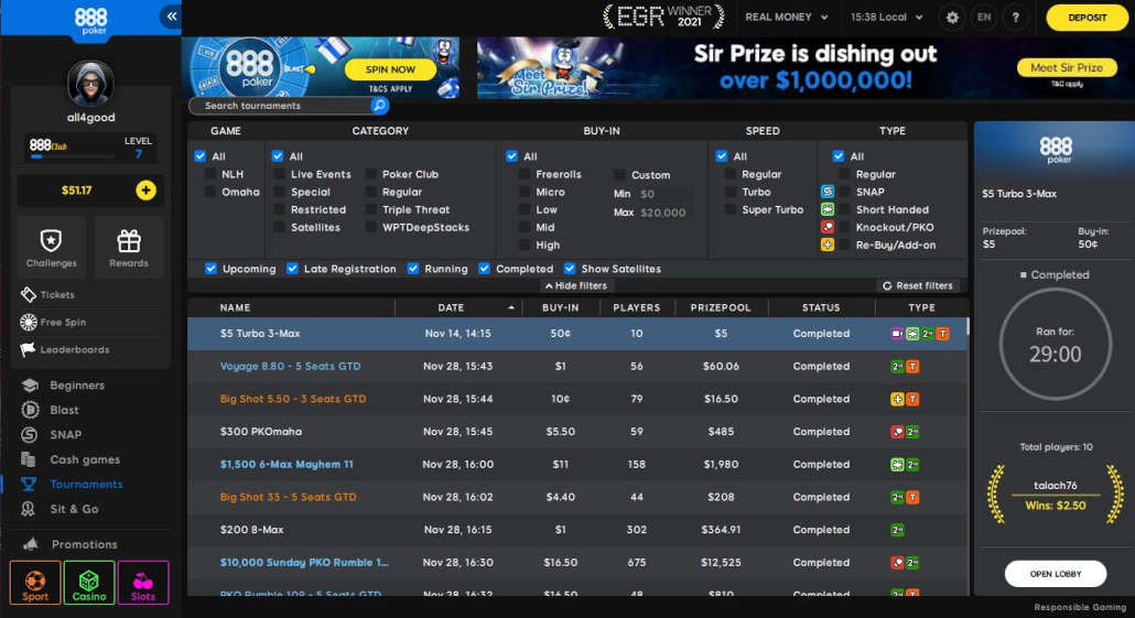 MTTs at 888poker