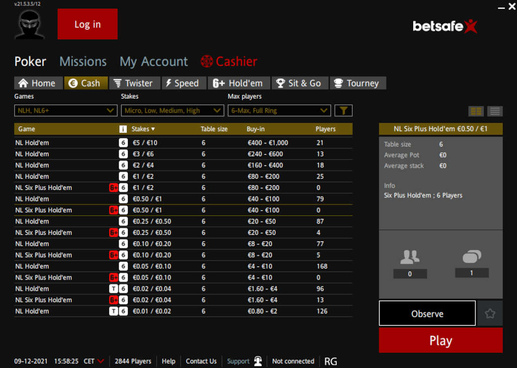 Cash games at Betsafe poker