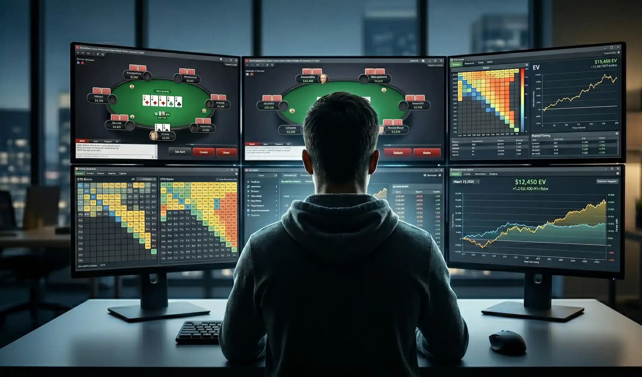 A professional poker player grinding online games and analyzing GTO charts on a multi-monitor setup.