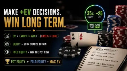 Featured image – Explaining how to calculate poker EV, featuring the expected value formula, a +25 EV example with 35 percent equity, pocket aces, and a strategic +EV checklist.