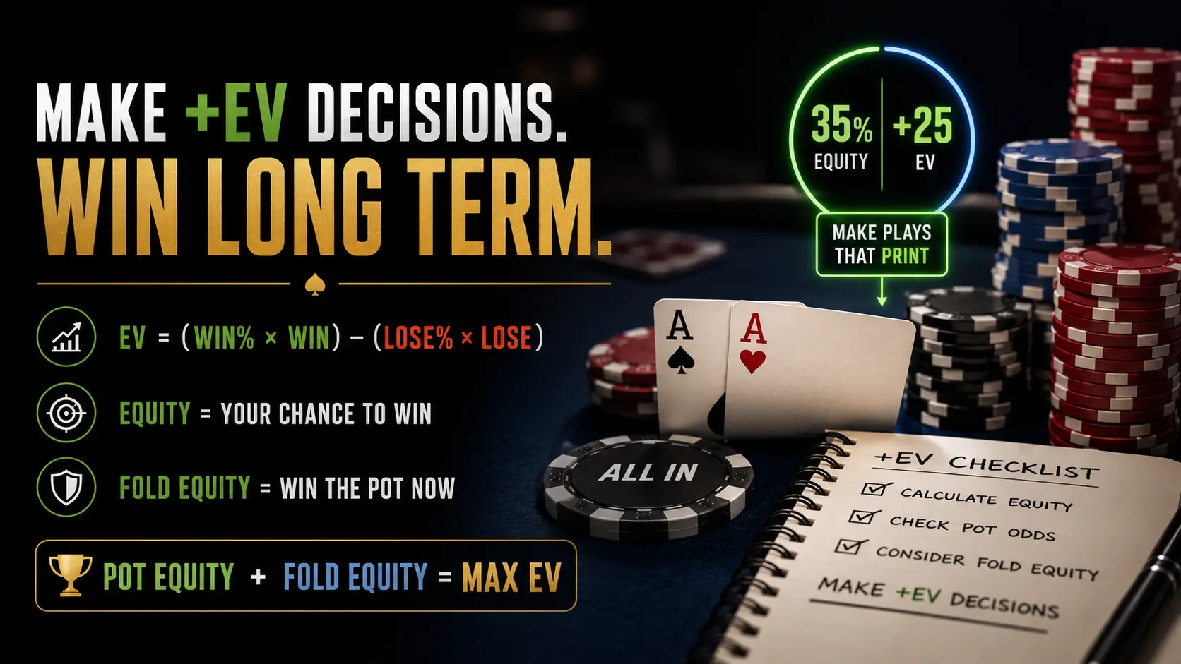 Featured image – Explaining how to calculate poker EV, featuring the expected value formula, a +25 EV example with 35 percent equity, pocket aces, and a strategic +EV checklist.