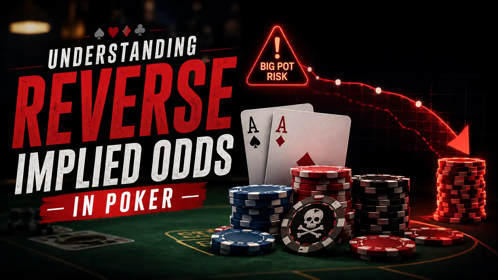 Graphic explaining reverse implied odds in poker, featuring a downward red trend line, a Big Pot Risk warning sign, pocket aces, and a skull poker chip on a casino table