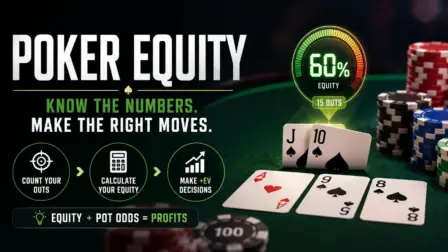 Infographic guide to poker equity, showing a Jack-Ten suited flush draw with 15 outs and 60 percent winning odds on the flop.