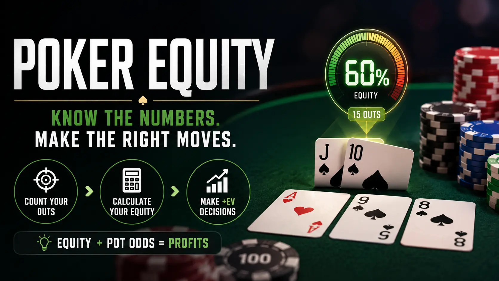 Infographic guide to poker equity, showing a Jack-Ten suited flush draw with 15 outs and 60 percent winning odds on the flop.