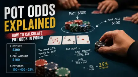 Illustration explaining how to calculate pot odds in poker using a practical betting example and required equity formula.