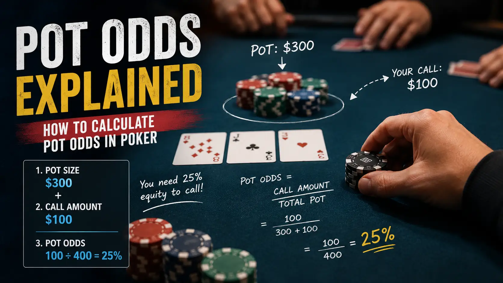 Illustration explaining how to calculate pot odds in poker using a practical betting example and required equity formula.