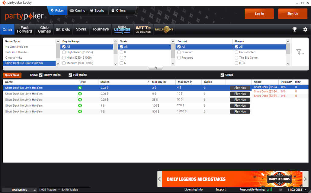 partypoker short deck games