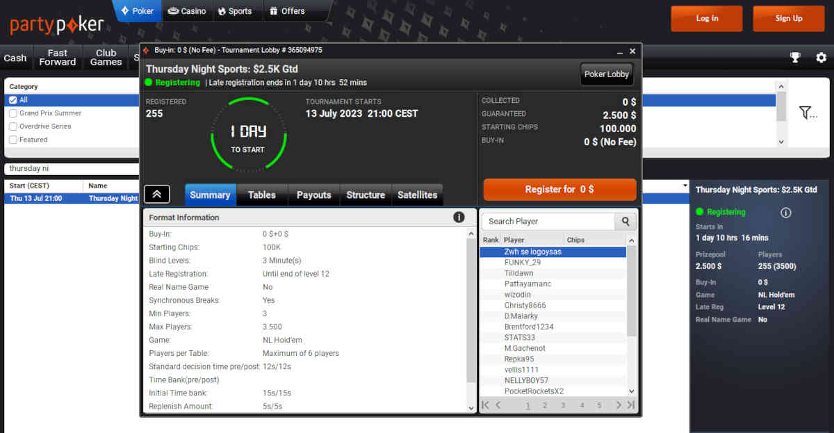 thursday night sports partypoker