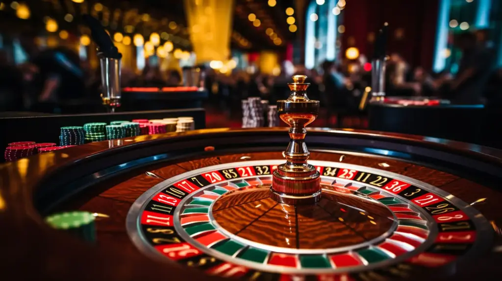 California card roulette table with wheel and betting layout in casino