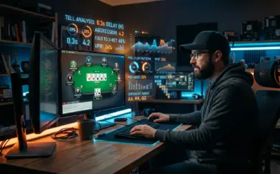 A focused player analyzing online poker tells using advanced HUD statistics, graphs, and timing data on multiple computer screens.