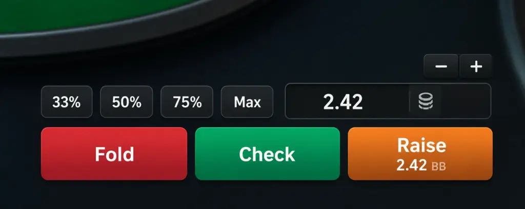 online poker table showing preset bet sizing options of 33%, 50%, 75%, and 100% of the pot