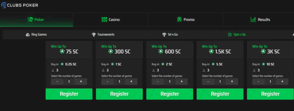 clubs poker spin n go