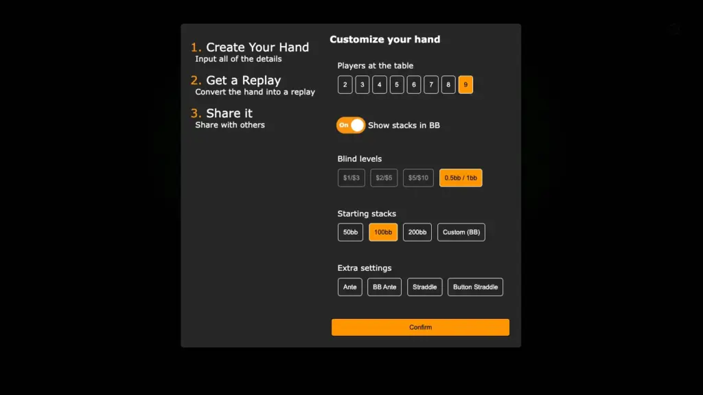 Poker hand replayer setup screen showing BB toggle, straddles, and blind levels.