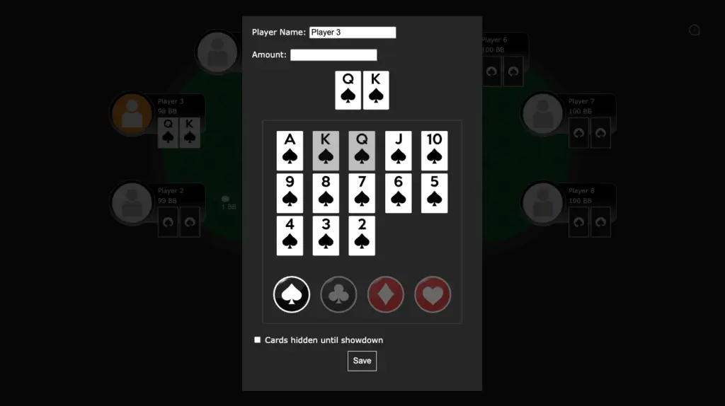 Assigning hole cards in the free poker hand history replayer with the hidden cards feature.
