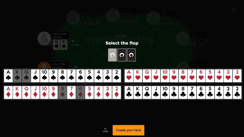 Selecting community cards like the flop in the converter tool.
