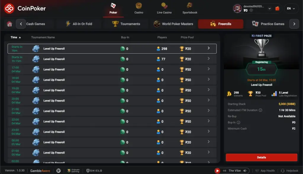 CoinPoker freeroll tournament lobby showing upcoming Level Up freeroll events