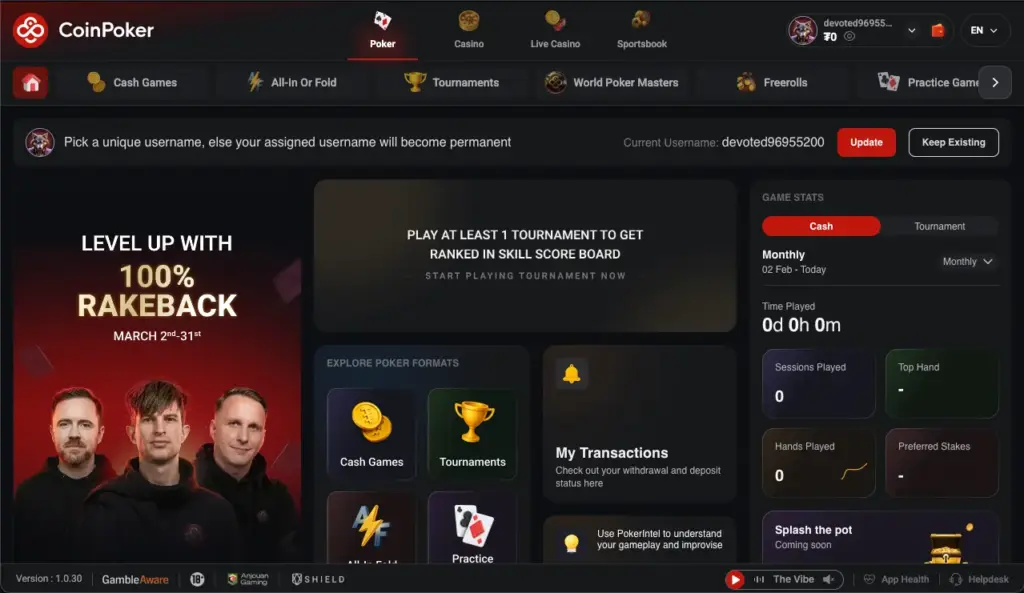 CoinPoker poker client lobby showing tournaments, freerolls and a 100% rakeback promotion