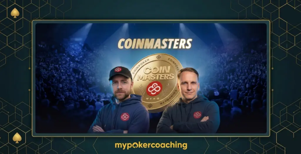 Promotional banner for the CoinPoker Coinmasters event, featuring two men in branded hoodies standing in front of a large gold Coinmasters coin and a crowded, blue-lit stadium background.