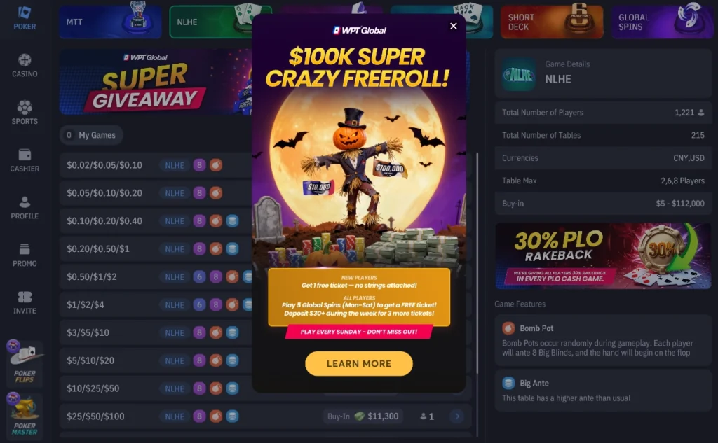 WPT Global $100K Super Crazy Freeroll Promotion Pop-up