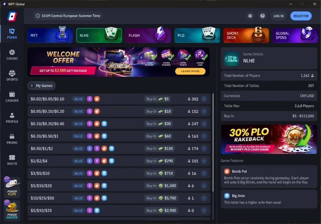 WPT Global Poker Lobby Interface Displaying Game Types