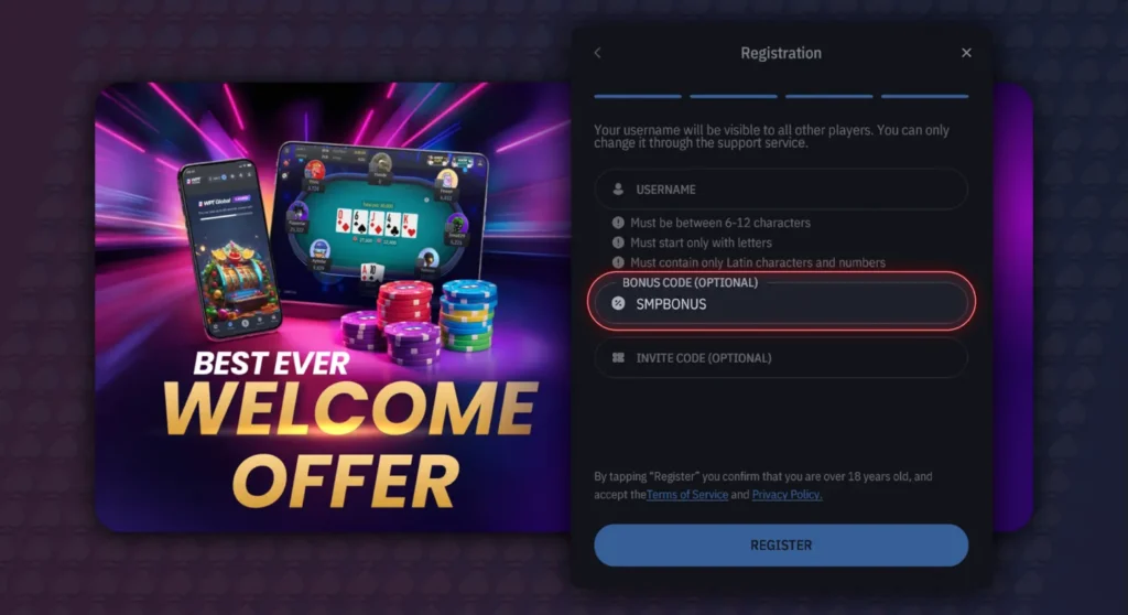 WPT Global Registration Form with SMPBONUS Code for Welcome Offer