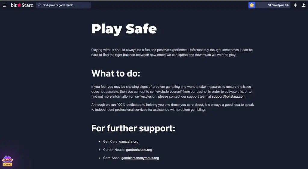 BitStarz responsible gambling site: Play Safe