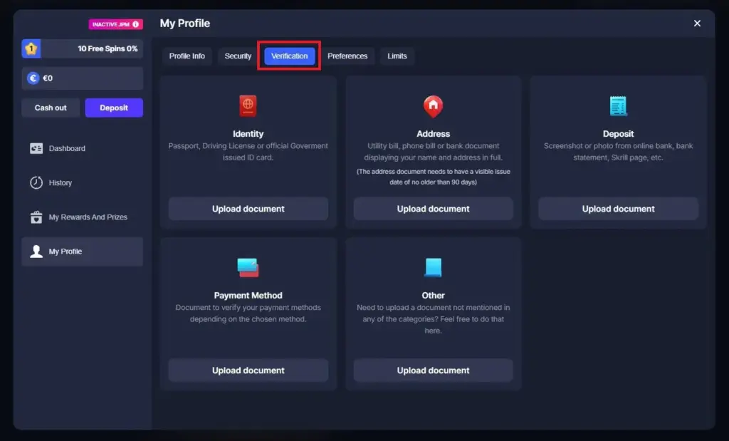 BitStarz KYC verification document upload identity proof process