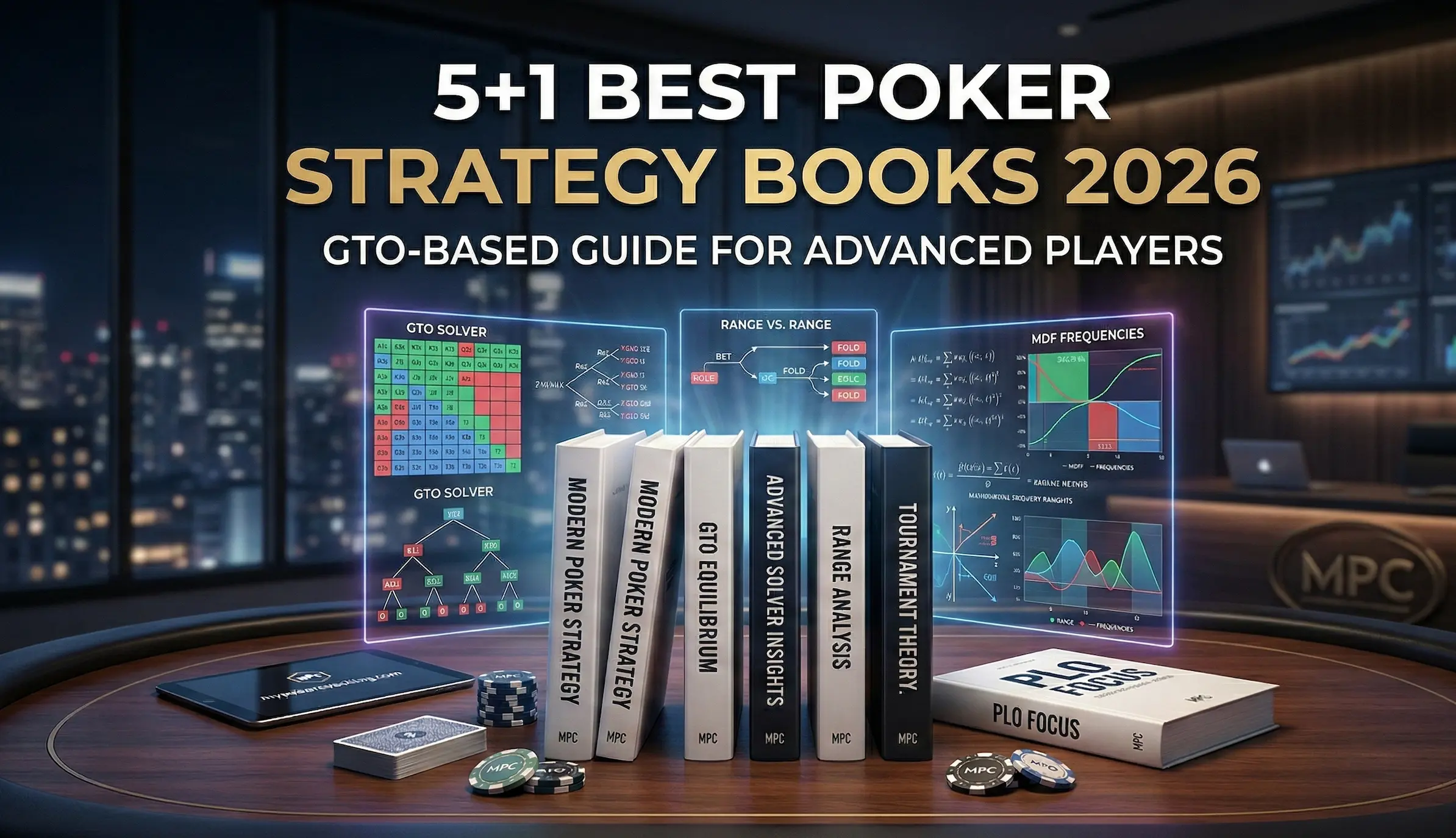 5+1 best poker strategy books 2026 featuring GTO-based advanced poker study concepts and solver visuals