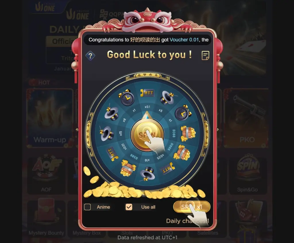 Screenshot of the QQPoker Daily Free Spin wheel, an in-app popup featuring a fortune wheel with prizes like MTT tickets, gold chests, and virtual currency multipliers against a festive red and gold design.