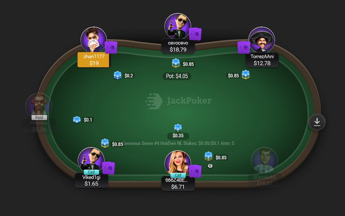 JackPoker mobile app in-game interface showing portrait mode cash game table and large betting slider.