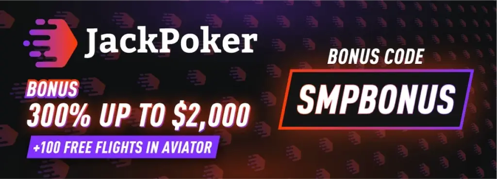 JackPoker promotional banner on a dark background, advertising a 300% welcome bonus up to $2,000, +100 free flights in Aviator, and the required bonus code SMPBONUS.