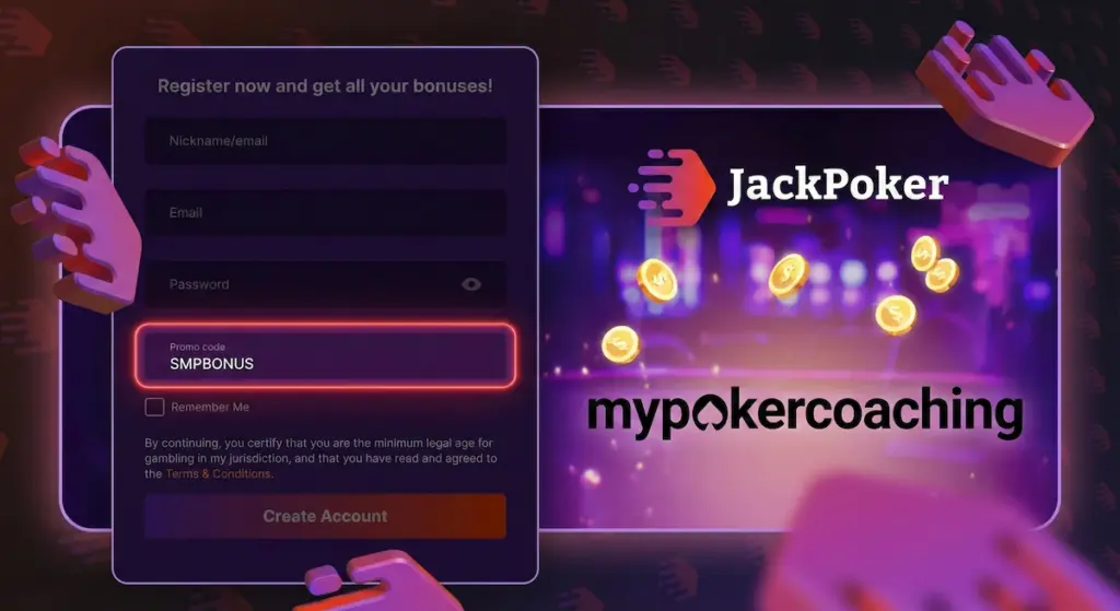 JackPoker registration form showing the sign-up fields and the Promo Code box filled with the exclusive MyPokerCoaching code.