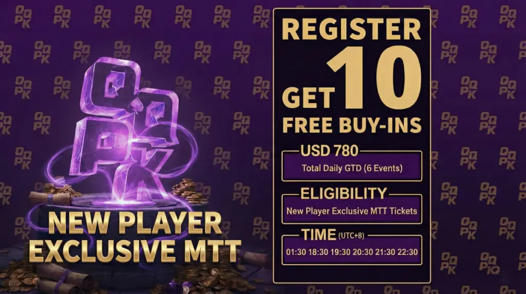 Promotional graphic for QQPoker on a purple background patterned with QQPK logos. The left side features a glowing purple 3D QQPK logo resting on a stone pedestal with gold coins and a scroll. The right side displays the text 'REGISTER GET 10 FREE BUY-INS', along with details showing 'USD 780 Total Daily GTD (6 Events)', 'ELIGIBILITY: New Player Exclusive MTT Tickets', and a schedule of event times.