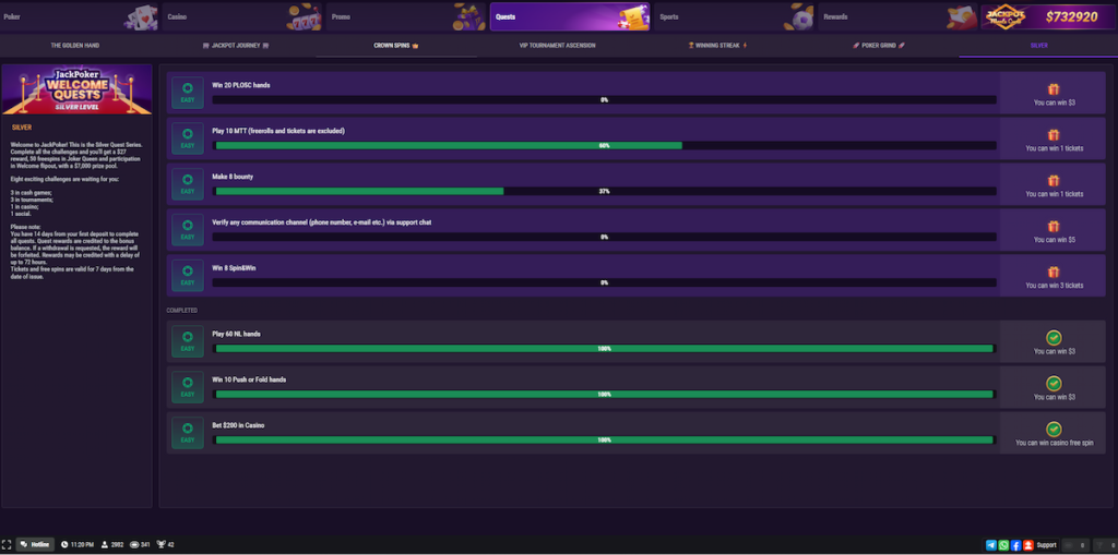 Screenshot for a JackPoker review illustrating the 'Welcome Quests' interface at the Silver Level. The display shows progress bars for active challenges like 'Play 10 MTT' and completed tasks, highlighting the available rewards and bonus structure.