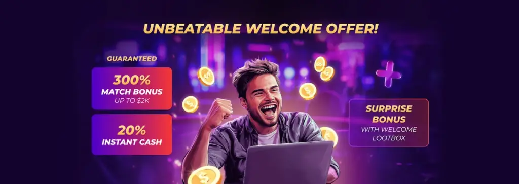 Alt text: JackPoker Welcome Bonus Package offering 20% Instant Cash and 300% Match Bonus