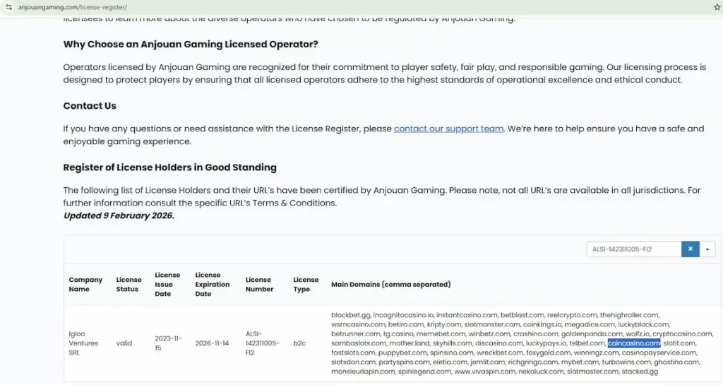 CoinCasino Anjouan license verification.