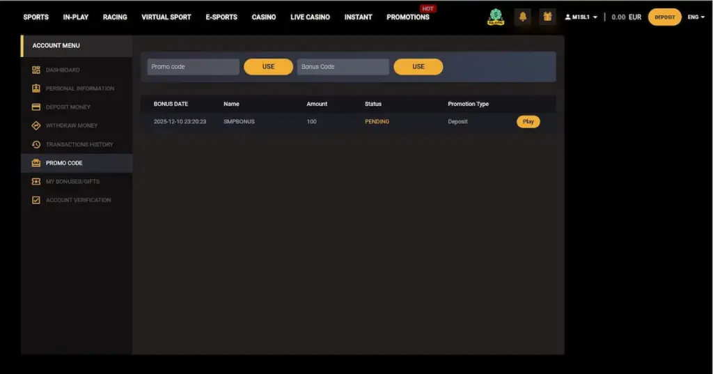Goldenbet bonus activation in Dashboard My Bonuses section