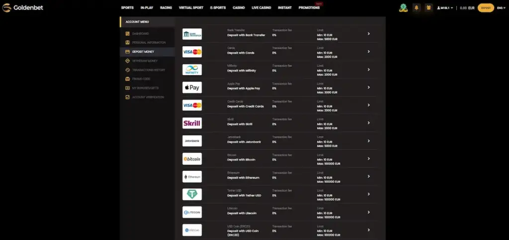 Goldenbet deposit and withdrawal methods including e-wallets and crypto