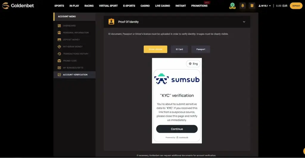 Goldenbet KYC document upload and identity verification interface