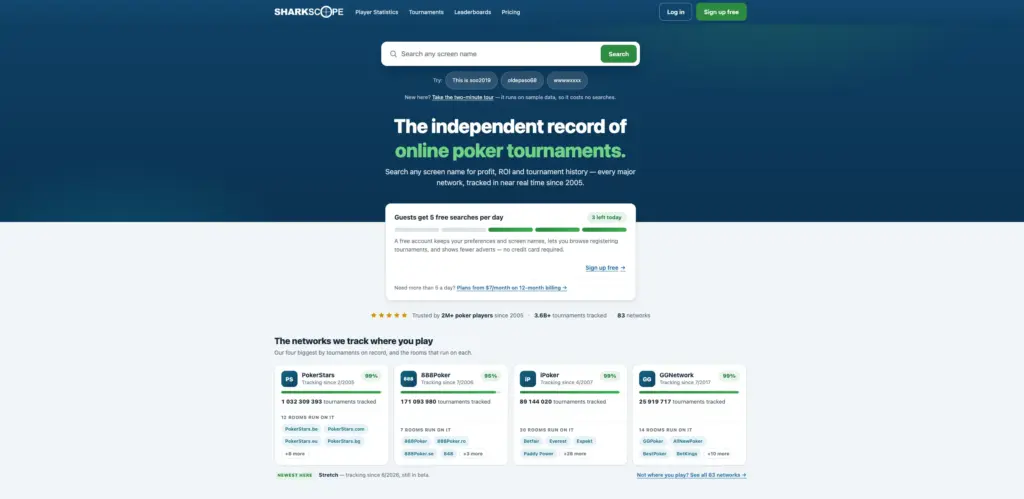 SharkScope online poker tournament database homepage