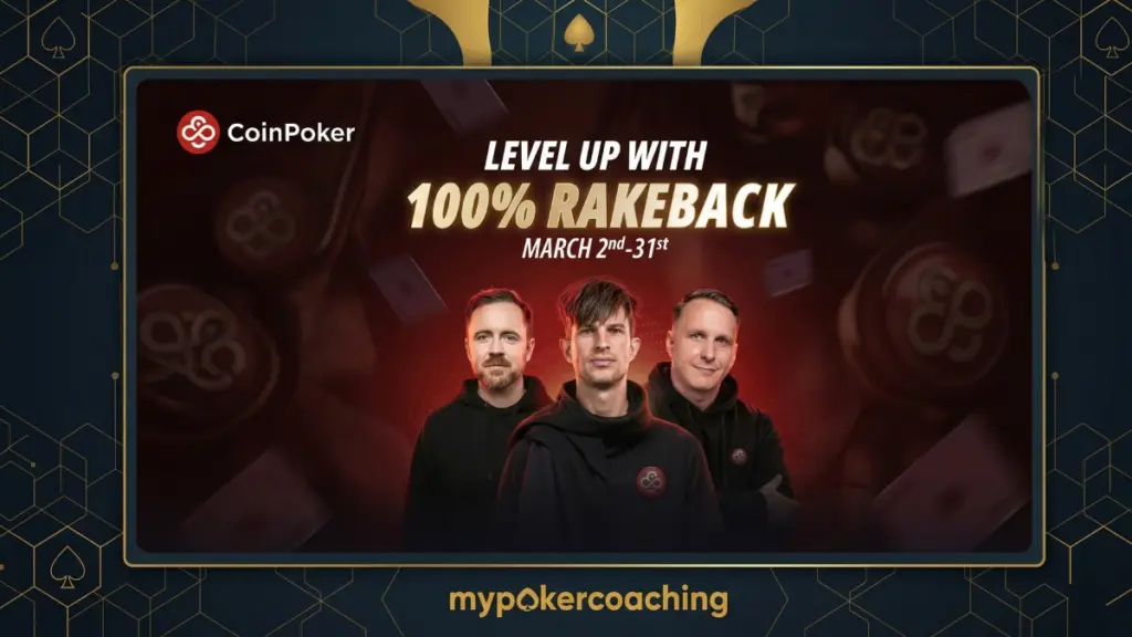 Promotional graphic featuring three men in black hoodies on a red background with the text 'LEVEL UP WITH 100% RAKEBACK' and the date 'MARCH 2nd - 31st'