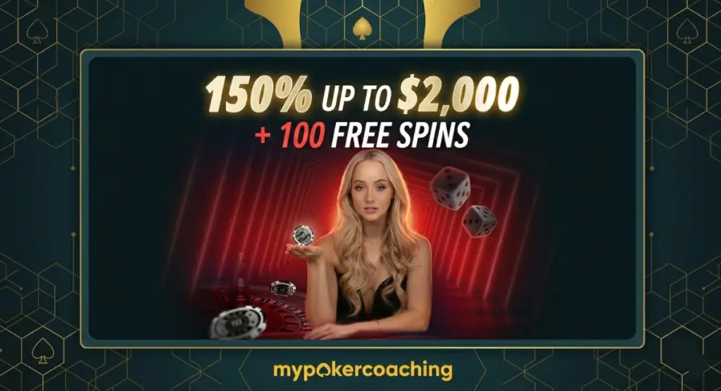 Promotional graphic for CoinPoker featuring a blonde woman holding a poker chip, with casino elements like a roulette wheel and dice. The text highlights a 150% bonus up to $2,000 and 100 free spins.