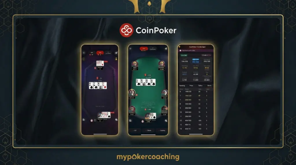 A promotional graphic for CoinPoker showing three smartphone screens side-by-side. The first two screens display vertical poker table interfaces with active games, while the third shows a tournament leaderboard and event details.