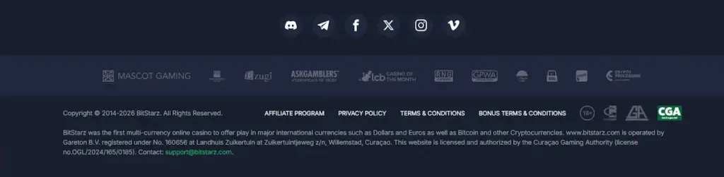 A screenshot of the BitStarz website footer featuring official certification seals, including iTech Labs, RNG Certified, and the Curaçao Gaming Authority logo.